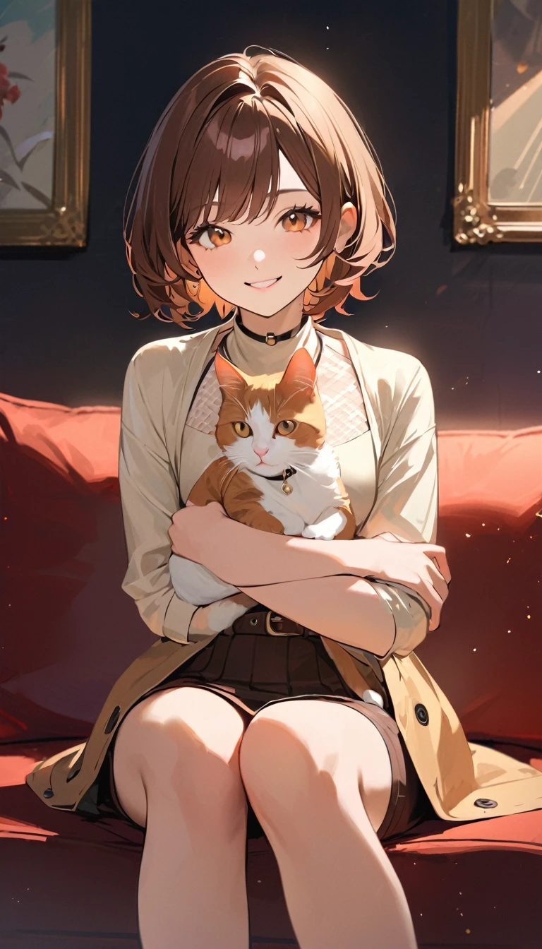 a woman , Brown short hair, smile, Stylish clothing, (Sitting on the couch), Holding a cat on one's lap,