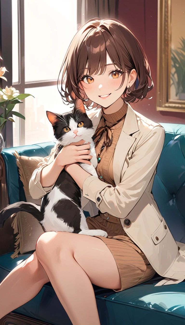  a woman , Brown short hair, smile, Stylish clothing,  (Sitting on the couch), Holding a cat on one&#39;s lap, 