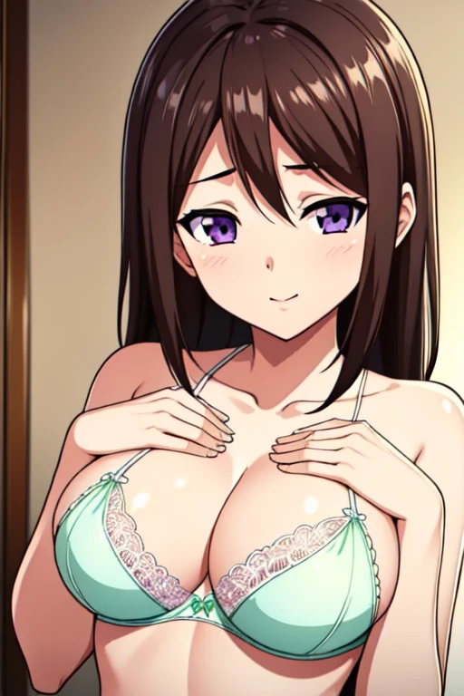 Marinette Akizuki, Hamana Akizuki, Long hair, Brown hair, (Purple Eyes:1.1), rest looking at viewer, rest indoors, rest (masterpiece:1.2), best quality, high resolution, Unity 8K wallpaper, (illustration:0.8), (Beautiful and delicate eyes:1.6), Extremely detailed face, Perfect lighting, Extremely detailed CG, (Perfect hands, Perfect anatomical structure),Smooth skin, Smile, Happy,Slim,(beautiful,Chest:1.3), whole body, light green bra, Lace, light green panty, Petite,Perfect hands, Perfect hands指