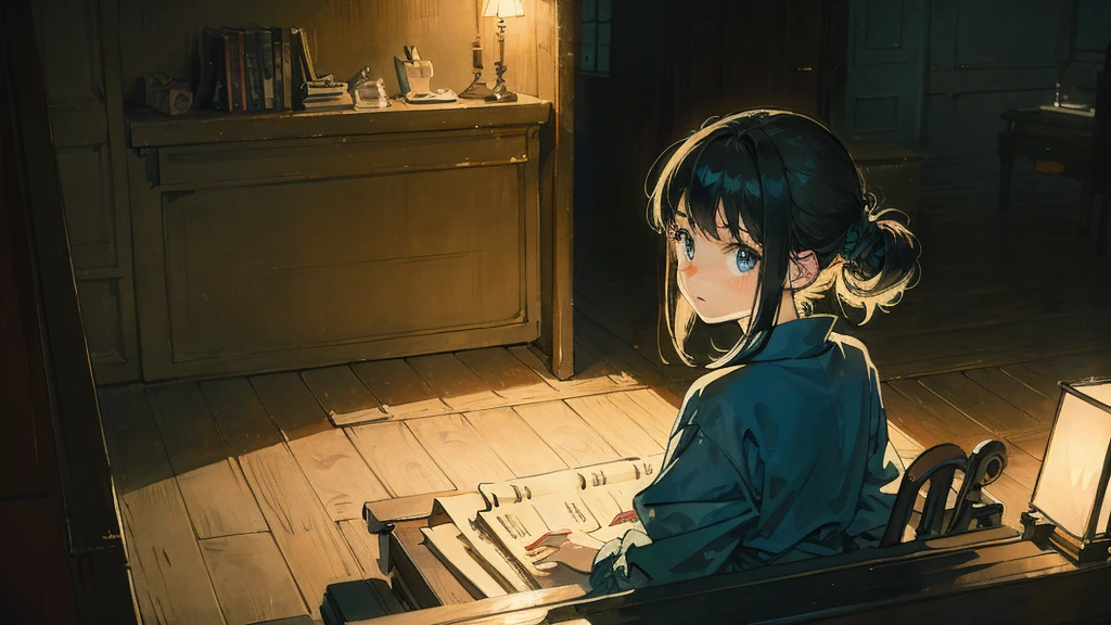 night,Ghibli style,piano,Girl not looking at the camera,Dim atmosphere