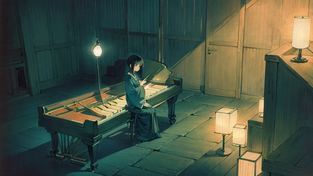 night,Ghibli style,piano,Girl not looking at the camera,Dim atmosphere