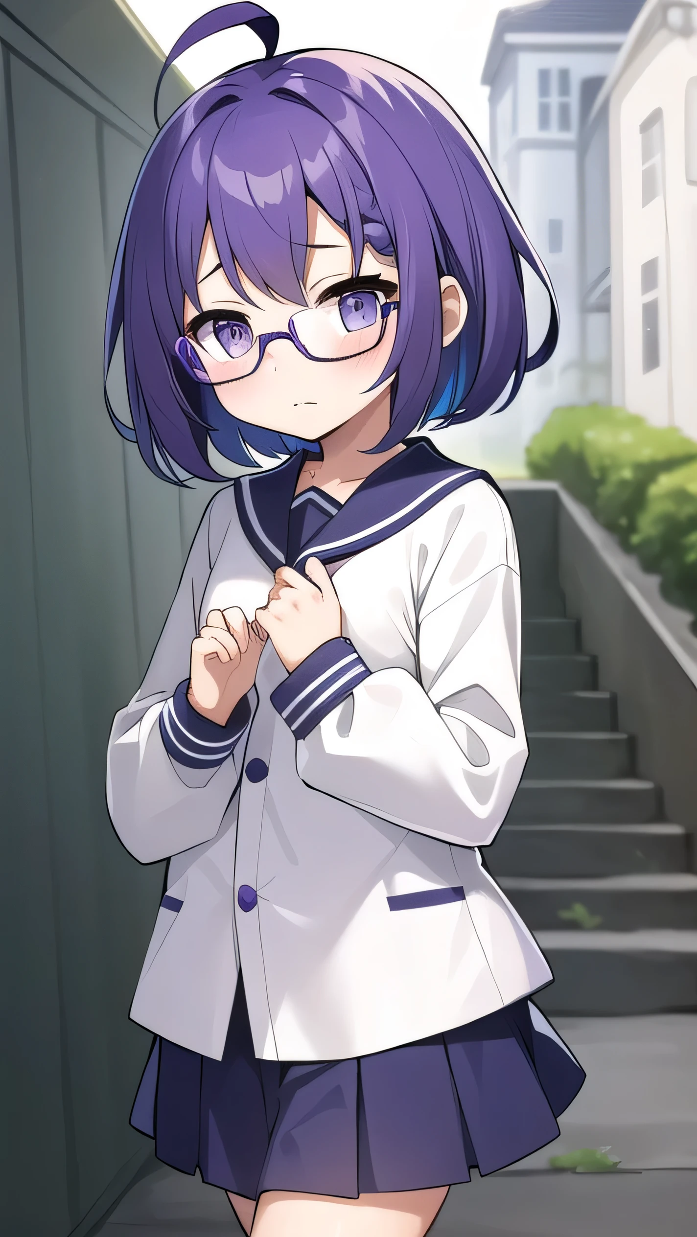 (Purple hair:1.4), gray eyes, white , navy blue miniskirt, 11 years old, short, short long hair, kind expression, shy, , almost no breasts, slightly exposed. hair,(flipped hair ), flipped hair, long sleeves, ahoge, girl alone, flipped hair, flipped hair, flipped hair, flipped hair, glasses with no edges, embarrassed, flat chest