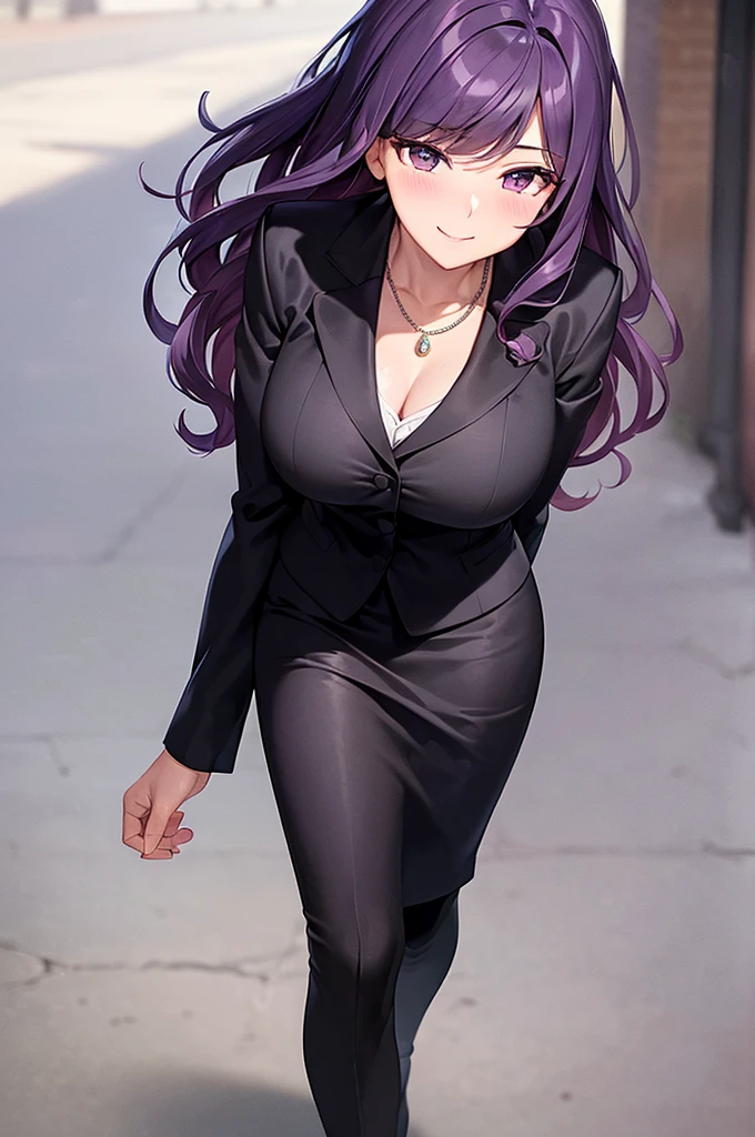 ((masterpiece, best quality, ultra-detailed)), 1girl, beautiful business woman walking in city back turned, smiling, blush, wearing pink blouse, blazer, bracelet, necklace, black midi pencil skirt, black suit skirt, heels, full body, wavy purple hair, wide hips