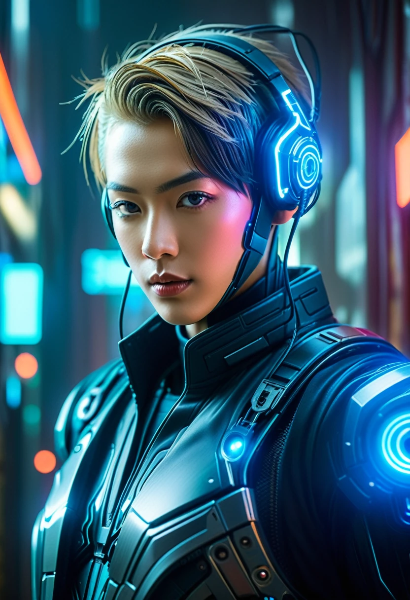 Close-up of a (((Cybernetic boy))) adorned with cyber elements, blending seamlessly into a cyberpunk environment, (mysterious) and (brutal) ambiance, (masterpiece) of lifelive art