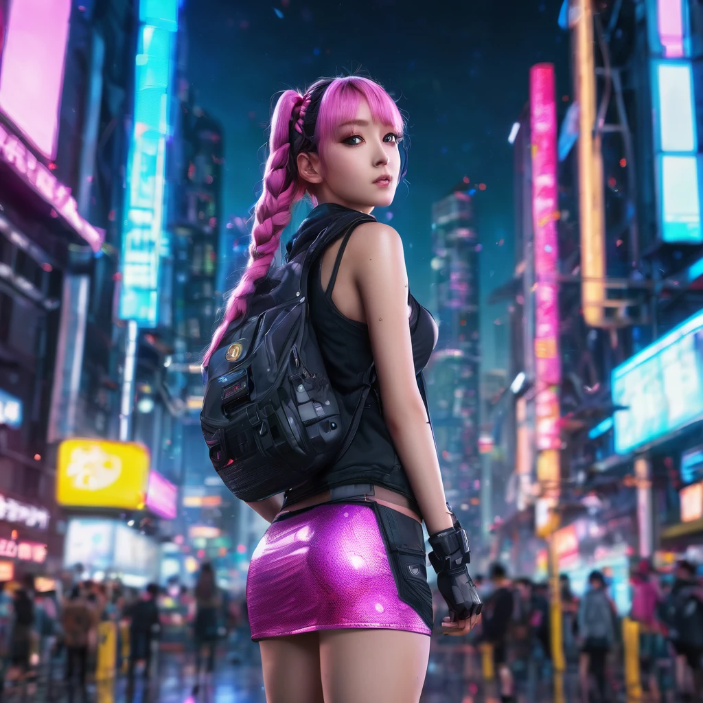 a beautiful alluring anime girl, 1girl, side braid, wavy pink hair, fit sexy define physique, miniskirt, knee high fishnet socks, engineer boots, standing in cyberpunk city galaxy background, hyperrealistic, 3D, (best quality,4k,8k,highres,masterpiece:1.2), ultra-detailed, (realistic,photorealistic,photo-realistic:1.37), studio lighting, extreme detail description, vivid colors, bokeh