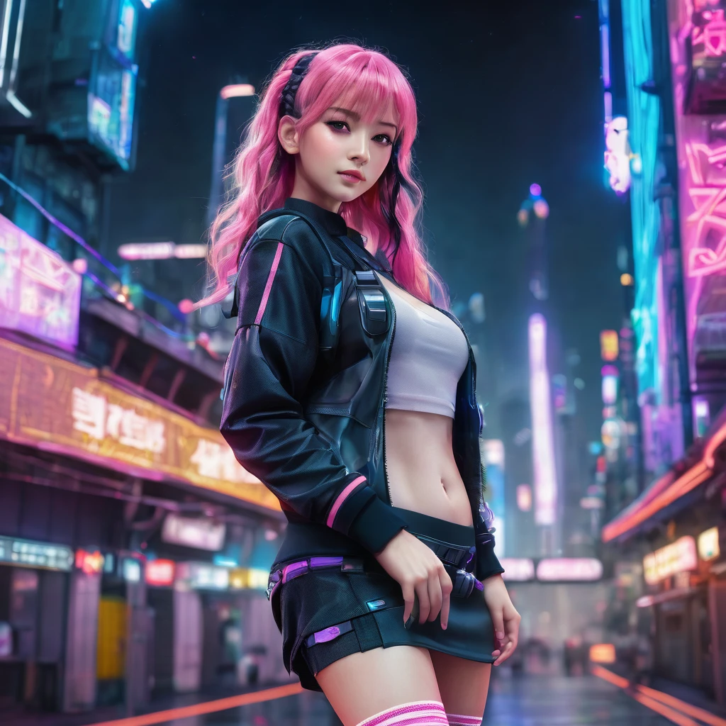 a beautiful alluring anime girl, 1girl, side braid, wavy pink hair, fit sexy define physique, miniskirt, knee high fishnet socks, engineer boots, standing in cyberpunk city galaxy background, hyperrealistic, 3D, (best quality,4k,8k,highres,masterpiece:1.2), ultra-detailed, (realistic,photorealistic,photo-realistic:1.37), studio lighting, extreme detail description, vivid colors, bokeh