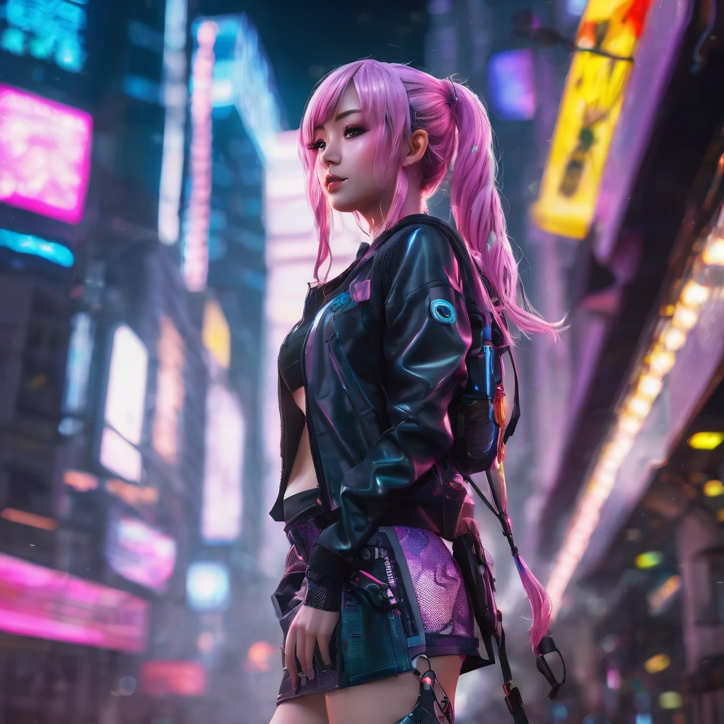 a beautiful alluring anime girl, 1girl, side braid, wavy pink hair, fit sexy define physique, miniskirt, knee high fishnet socks, engineer boots, standing in cyberpunk city galaxy background, hyperrealistic, 3D, (best quality,4k,8k,highres,masterpiece:1.2), ultra-detailed, (realistic,photorealistic,photo-realistic:1.37), studio lighting, extreme detail description, vivid colors, bokeh