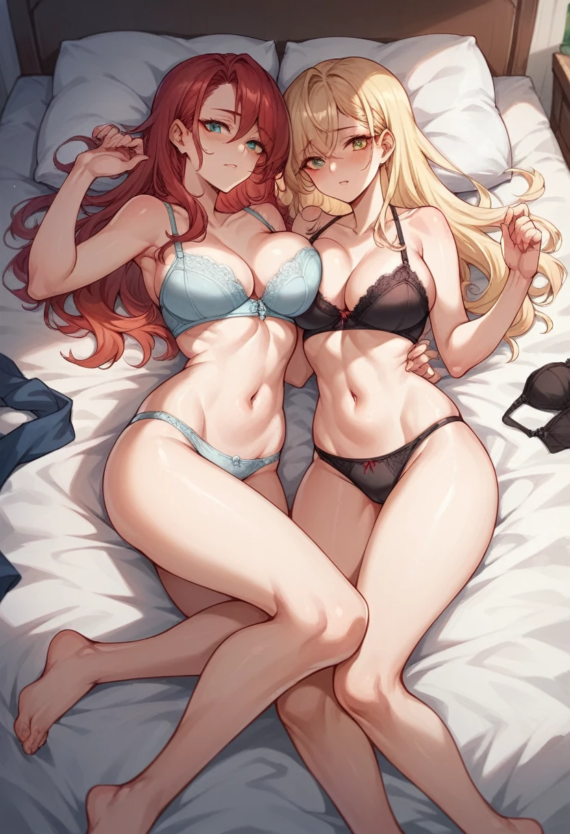 1girls, (multiple girls), natural lighting, masterpiece, highly detailed, illustration, game CG, absurdres, high quality, beautiful detailed eyes, glossy lips, natural lighting, medium breasts, redhead, bangs, green eyes, freckles, looking at viewer, lingerie, height difference, age difference, mother and daughter, MILF and teenager