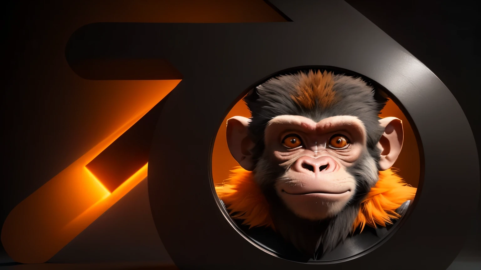 A striking 3D render of an anthropomorphic monkey with a slightly disgruntled expression, wearing an orange football jersey and oversized ears. The monkey gazes arrogantly into the camera, exuding an air of confidence and charisma. The background is dark, with a spotlight illuminating the monkey, creating a dramatic, cinematic feel to the image., cinematic, 3d render, photo