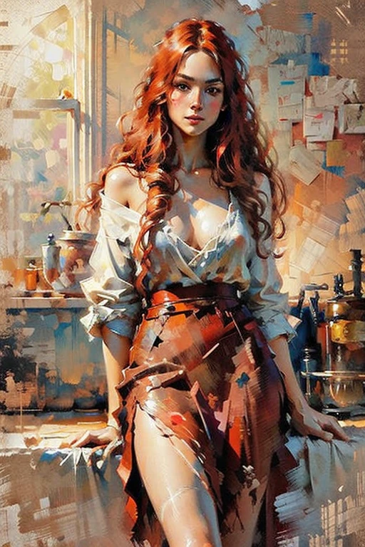High Quality illustration, ultra detailed Beautiful picture of A painting of a beauty with long red hair, wild dinamic , hyperdetailed, cinematic shot, haze lighting, 35mm,16k, uhd, zhibi, masterpiece, watercolor, ink, sketch, colorful, pantyhose