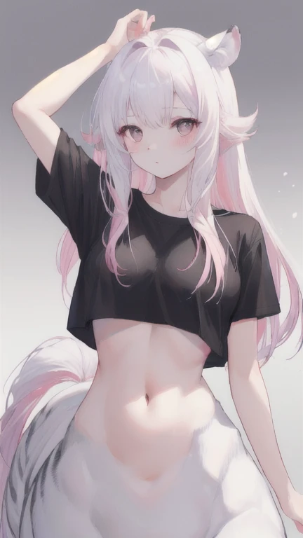 (best quality, masterpiece), 1 girl, centaur, It takes, White skin, Korean ,daughter,black pink, exposing the abdomen, belly button t-shirt , 아름다운 소녀 Perfect wild white tiger photo, Perfect wild white tiger photo
