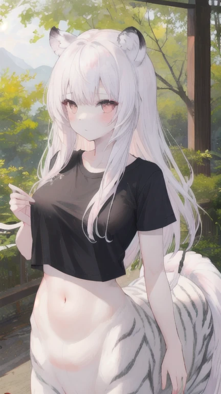 (best quality, masterpiece), 1 girl, centaur, It takes, White skin, Korean ,daughter,black pink, exposing the abdomen, belly button t-shirt , 아름다운 소녀 Perfect wild white tiger photo, Perfect wild white tiger photo