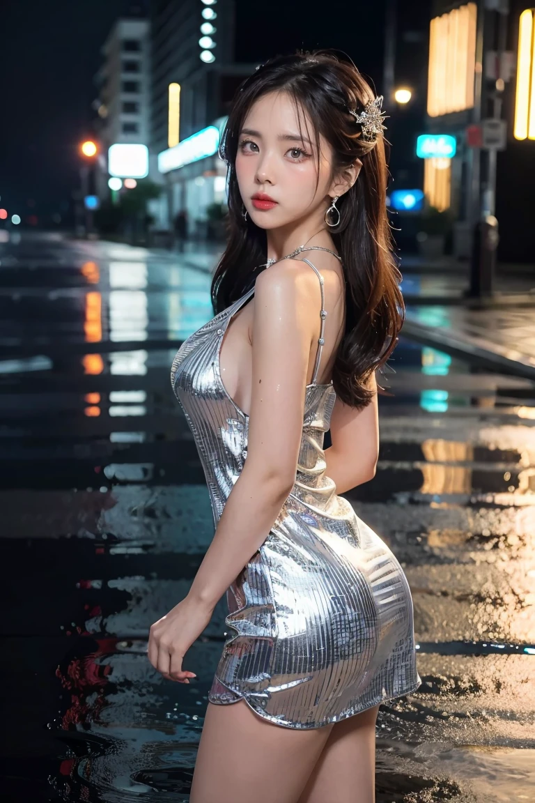 1girl, st. louis (luxurious wheels) (azur lane), hair ornament, portrait, silver dress, revealing clothes, necklace, blue nails, cityscape, night, rain, wet, (masterpiece:1.4),(best quality:1.4),realistic,fashi-girl,makeup,red lips,looking at viewer, solo,earrings,8k,best quality, masterpiece, purple eyes,beautiful light,background is a supercar,