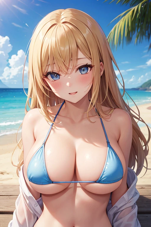 One Woman, Highest quality, masterpiece, Super Resolution, Large Breasts, Micro Bikini, Idol, Beauty, Underboob, Sideboob, Beach, from the front, Cleavage, 8k, High resolution eyes, High-resolution contours, Mature Woman, Married Woman, Adult charm, 大人のsex appeal, Forehead visible, Stylish, Sexy expression, Mother, High-resolution pupils, blush, Droopy eyes, High resolution face, Blonde, deck, sexy, High resolution breasts, Ultra HD, Open your mouth, model, Emphasize the chest, Upper Body, sex appeal, High resolution mouth, Sandy Beach, Ocean,