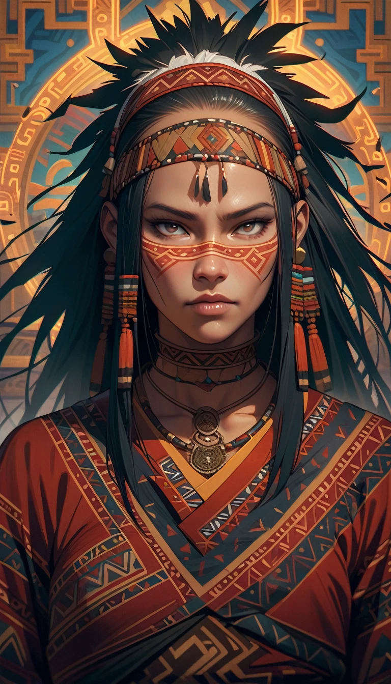 ((best quality)) , ((masterpiece)) , (detailed),Jean-Joseph Benjamin-Constant, Glowwave, Photograph, Jake Parker, Alan Davis, Hipster Art, Cleancore, Art Deco Girl, Monstrous and Boring, Swirling, Metalcore, Film Washi, portrait art by Stanisław Ignacy Witkiewicz, detailed, intricate, background inspired, luxury, pure,(((Tribal style, Indigenous, ethnic, traditional patterns, bold, natural colors, highly detailed)))