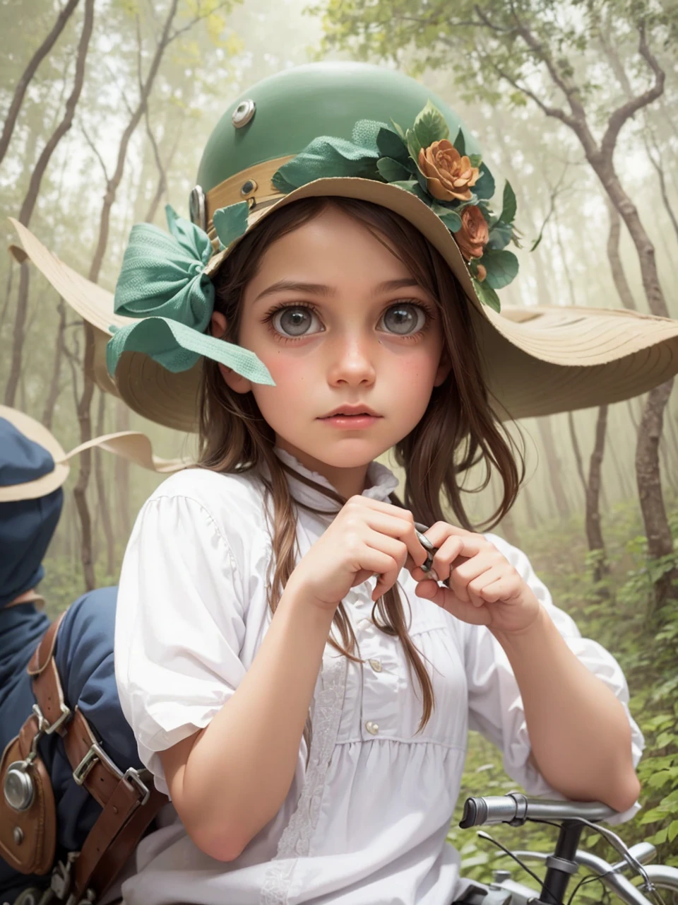 Neo Surrealism,  magical realism bizarre art, pop surrealism, whimsical art. Generate an illustration of a painting of a girl with hat riding an old fashioned bicycle on the magic forest