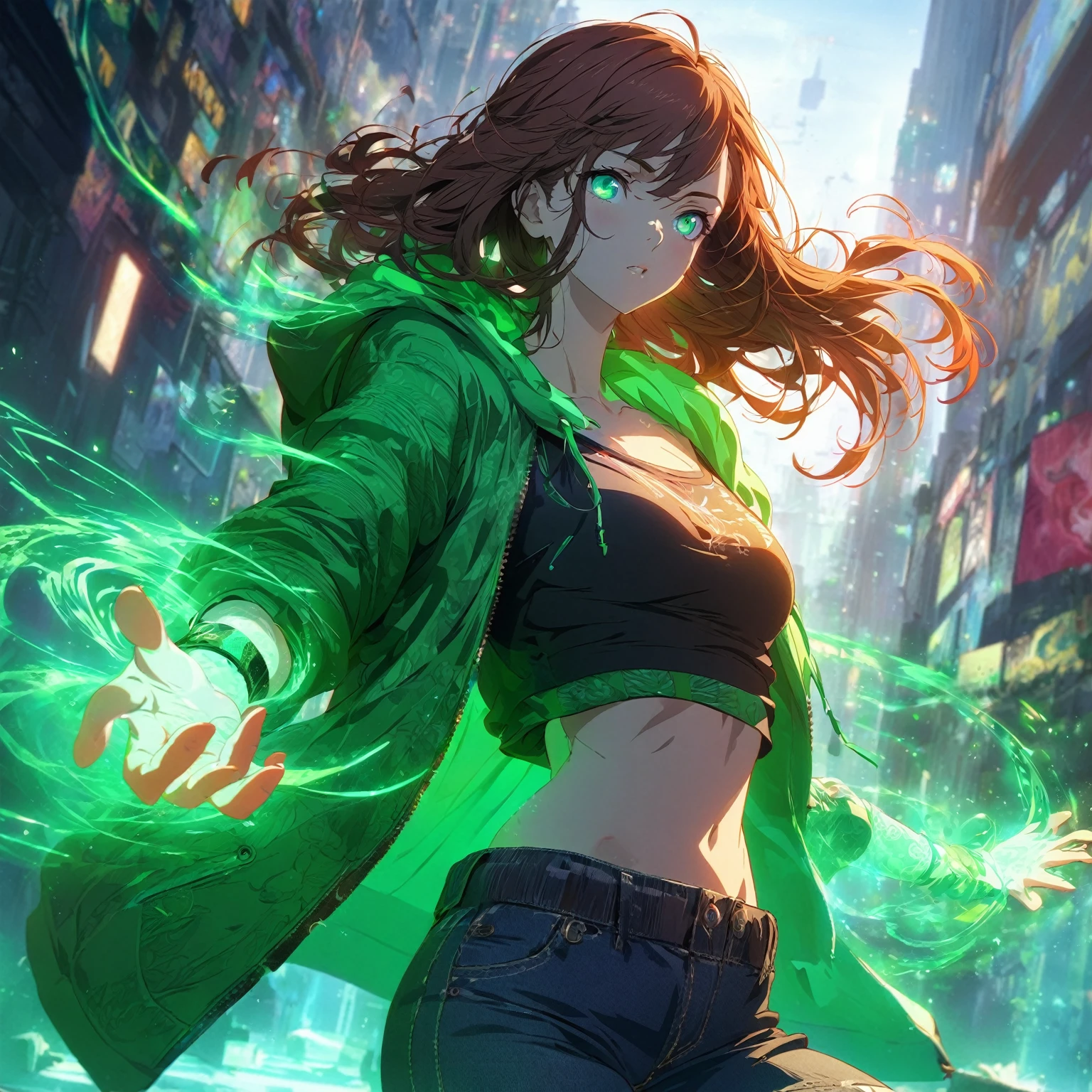 A girl that has a lean, athletic build, vibrant green eyes, and shoulder-length auburn hair, she wears a casual outfit consisting of a fitted green hoodie with subtle energy patterns, (nude:0.8) dark jeans, and sneakers, her skin has a slight luminescent quality when using her powers, her hands are often surrounded by a visible, swirling green energy, and she carries a small, tech-enhanced wristband that amplifies her abilities, detailed gorgeous face| anime style| key visual| intricate detail| highly detailed| breathtaking| vibrant| panoramic| cinematic| Carne Griffiths| Conrad Roset| gibbli 8k