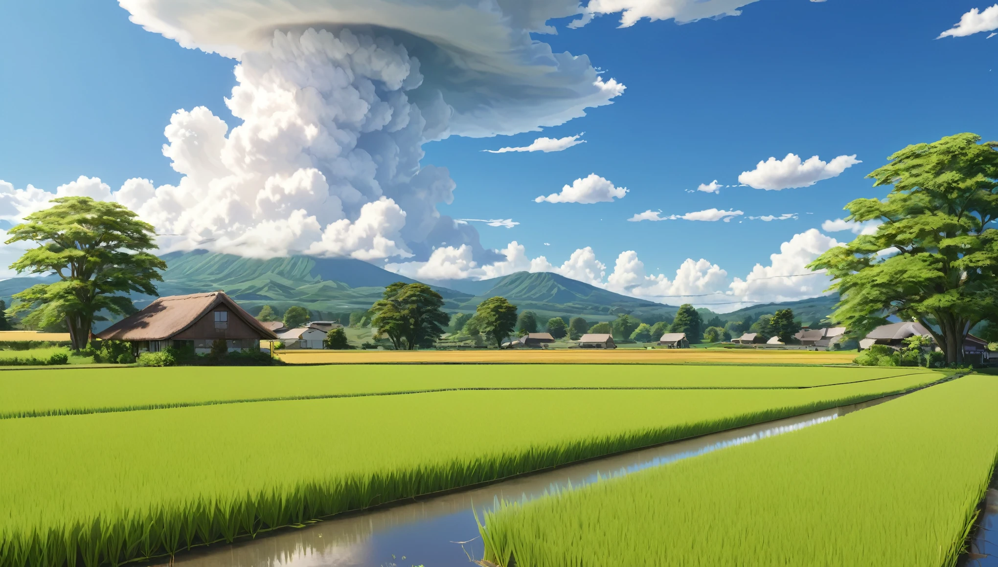 Japanese countryside,Rice Field,Midsummer,cumulonimbus,sunny,Daytime,Highest quality, 8k, High resolution, masterpiece:1.2, Very detailed, Realistic:1.37, High resolution, 超High resolution, Very detailed, Professional, Vibrant colors