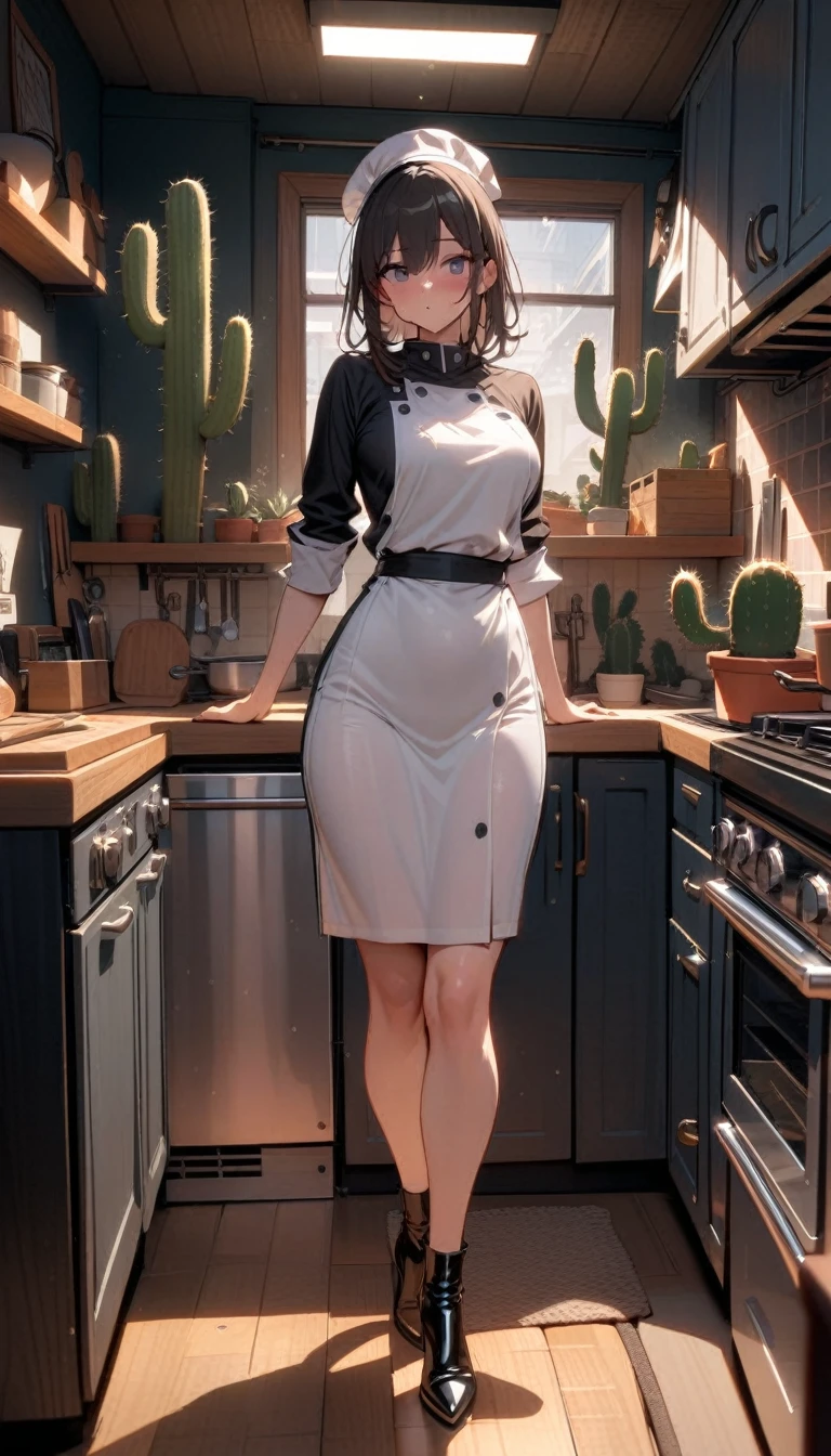 ((best quality)) , ((masterpiece)) , (detailed)，1 female，(((Exaggerated cactus)))，kitchen，Female chef，High heel，((whole body))