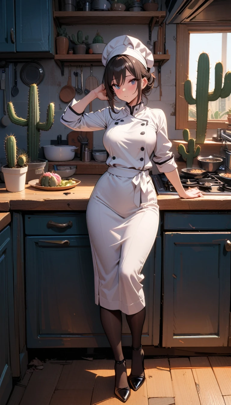 ((best quality)) , ((masterpiece)) , (detailed),1 female,(((Exaggerated cactus))),kitchen,Female chef,High heel,((whole body))