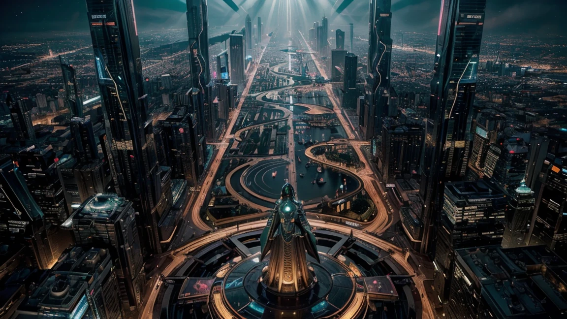 (Highest quality, Ultra HD, 16k, Masterpiece) A colossal statue of an Indian god stands majestically in the heart of a highly futuristic city, surrounded by towering high-rise buildings, flying cars, and vibrant bioluminescent lights. The statue, intricately designed with a blend of ancient and modern elements, depicts the deity in a serene and powerful pose. Neon lights and holographic projections add a surreal glow to the statue, highlighting its divine presence amidst the ultramodern environment.

The cityscape is a dazzling mix of sleek skyscrapers, each adorned with luminous advertisements and digital displays. Flying cars zip through the air, leaving trails of light behind them, creating a dynamic and bustling atmosphere. The streets below are lined with lush, exotic flowers, whose petals emit a soft, bioluminescent glow, adding a touch of nature's beauty to the urban setting.

The statue is surrounded by a lush garden oasis, a striking contrast to the metallic and glass structures that dominate the skyline. This green sanctuary is filled with diverse plant life, including bioluminescent flora that illuminates the night with a gentle, otherworldly light. The air is filled with a mix of futuristic sounds and the soft rustle of leaves, creating a harmonious blend of nature and technology.

Soft beams of light from the setting sun and the city's neon glow create a stunning interplay of colors and shadows, casting an ethereal ambiance over the scene. The overall composition captures the awe-inspiring fusion of ancient spirituality and cutting-edge innovation, evoking a sense of wonder and reverence for both the divine and the futuristic marvels of human achievement. This image portrays a breathtaking vision of a harmonious coexistence between tradition and progress in a vibrant, futuristic metropolis. ((((long shot))), (((drone shot))), (((shot from above)))