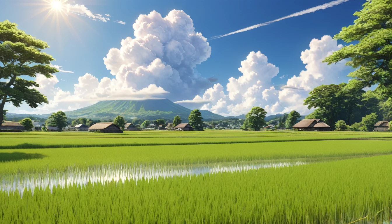 Japanese countryside,Rice Field,Midsummer,cumulonimbus,sunny,Daytime,Highest quality, 8k, High resolution, masterpiece:1.2, Very detailed, Realistic:1.37, High resolution, 超High resolution, Very detailed, Professional, Vibrant colors