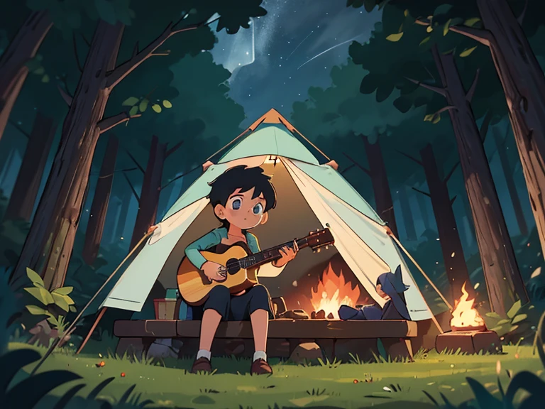 masterpiece, Best quality, Boy playing guitar by the fire, 3 different girls sleep under one blanket in a cozy tent, in a forest clearing, night sky, Dense forest