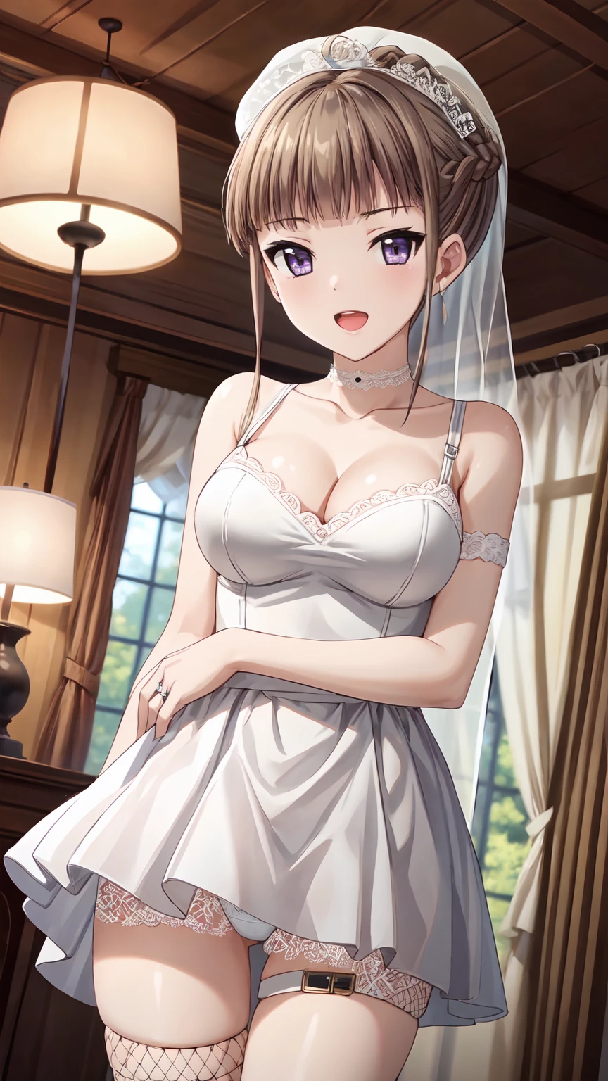 Masterpiece ,best quality , high resolution , ultra detail , (1 girl solo:1.3) , (he lacks, brown hair, sidelocks , long hair , purple eyes , shocks) , (wear wedding dress , white lace veil , thigh strap , white lace miniskirt , fishnet stockings , Fishnet socks) , (standing:1.25) , (cleavage:1.3) , (medium breast:1.3) , (indoor , windows , night , lamp ) , full face blush , shy , open mouth) , (face view , look at view , front view , stanging , cowboy_shot) , (wide angle , ultra detail eyes , perfect face , ultra detailed hair and face) ,