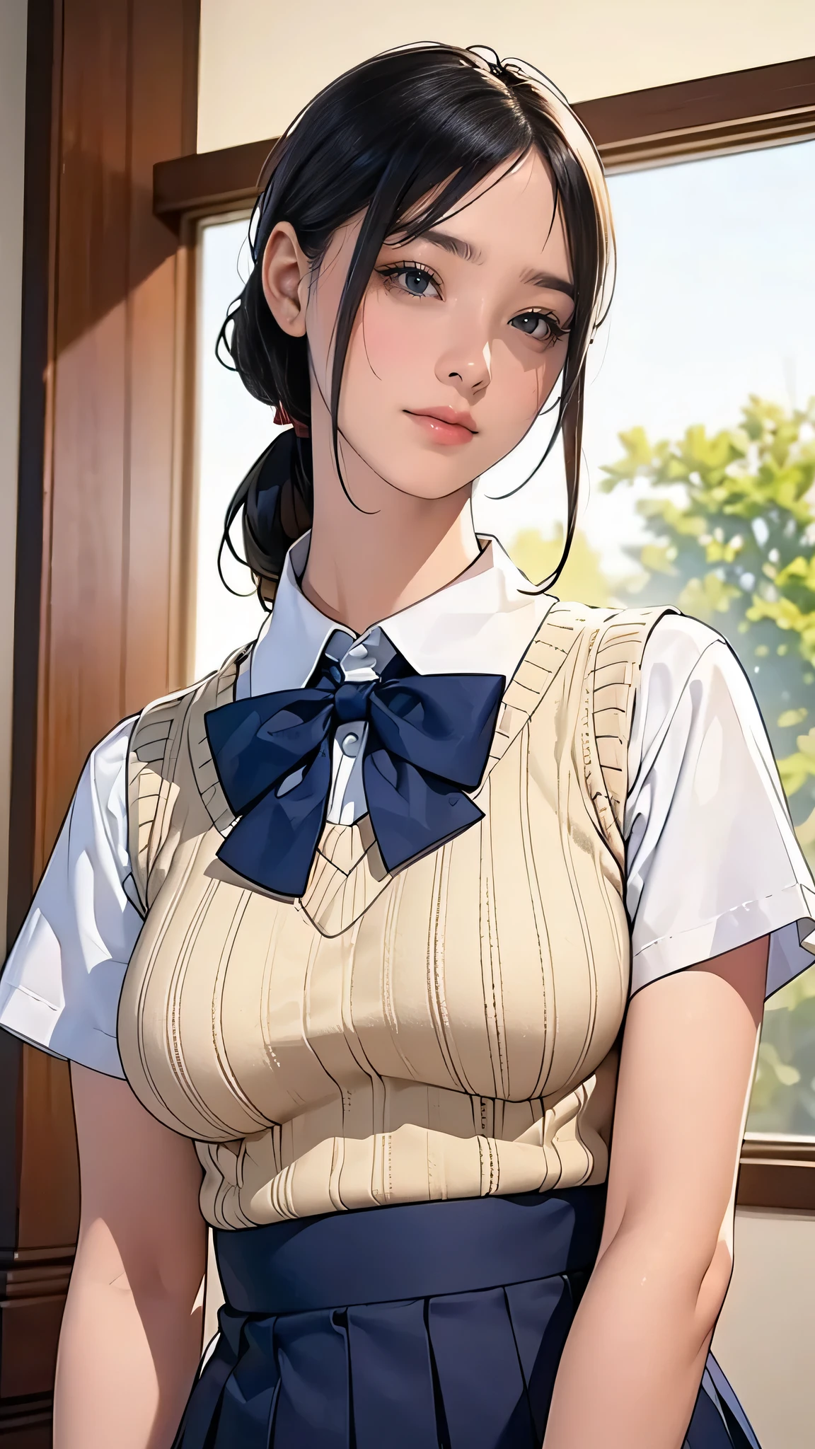 (masterpiece:1.2, Highest quality), (Realistic, photoRealistic:1.4), Beautiful illustrations, (Natural Side Lighting, Cinema Lighting), Written boundary depth, Observe the audience, (Face Focus, Upper Body), Front view, 1 girl, Japanese, high school girl, 15 years old, Perfect Face, Symmetrical cute face, Glowing Skin, (Bob Hair:1.7,Black Hair), Asymmetrical bangs, Big eyes, Droopy eyes, long eyelashes chest), thin, Beautiful Hair, Beautiful Face, Beautiful and beautiful eyes, Beautiful clavicle, Beautiful body, Beautiful breasts, Beautiful thighs, Beautiful feet, Beautiful fingers, ((Quality fabric texture, brown knit vest, Short sleeve white collar shirt, Navy Pleated Skirt, Navy bow tie)), (Beautiful views), evening, Running with bread in one's mouth, (smile, Senior year, Open your mouth), (From below:1.5),(Poor horizon:1.5), A scene from a movie,