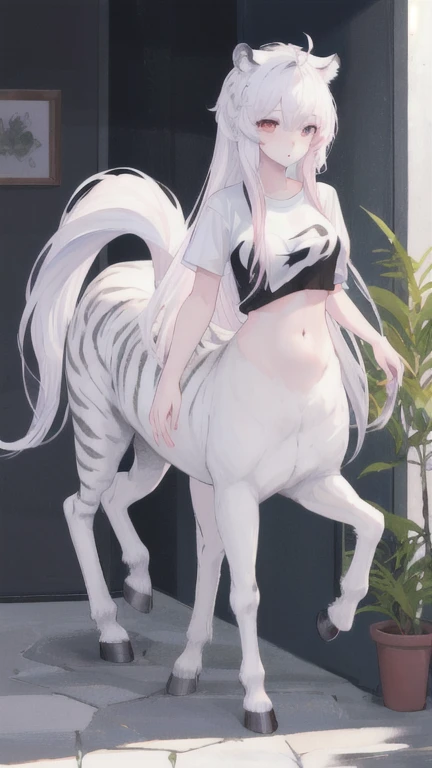 (best quality, masterpiece), 1 girl, centaur, It takes, White skin, Korean ,daughter,black pink, exposing the abdomen, belly button t-shirt , 아름다운 소녀 Perfect wild white tiger photo, Perfect wild white tiger photo