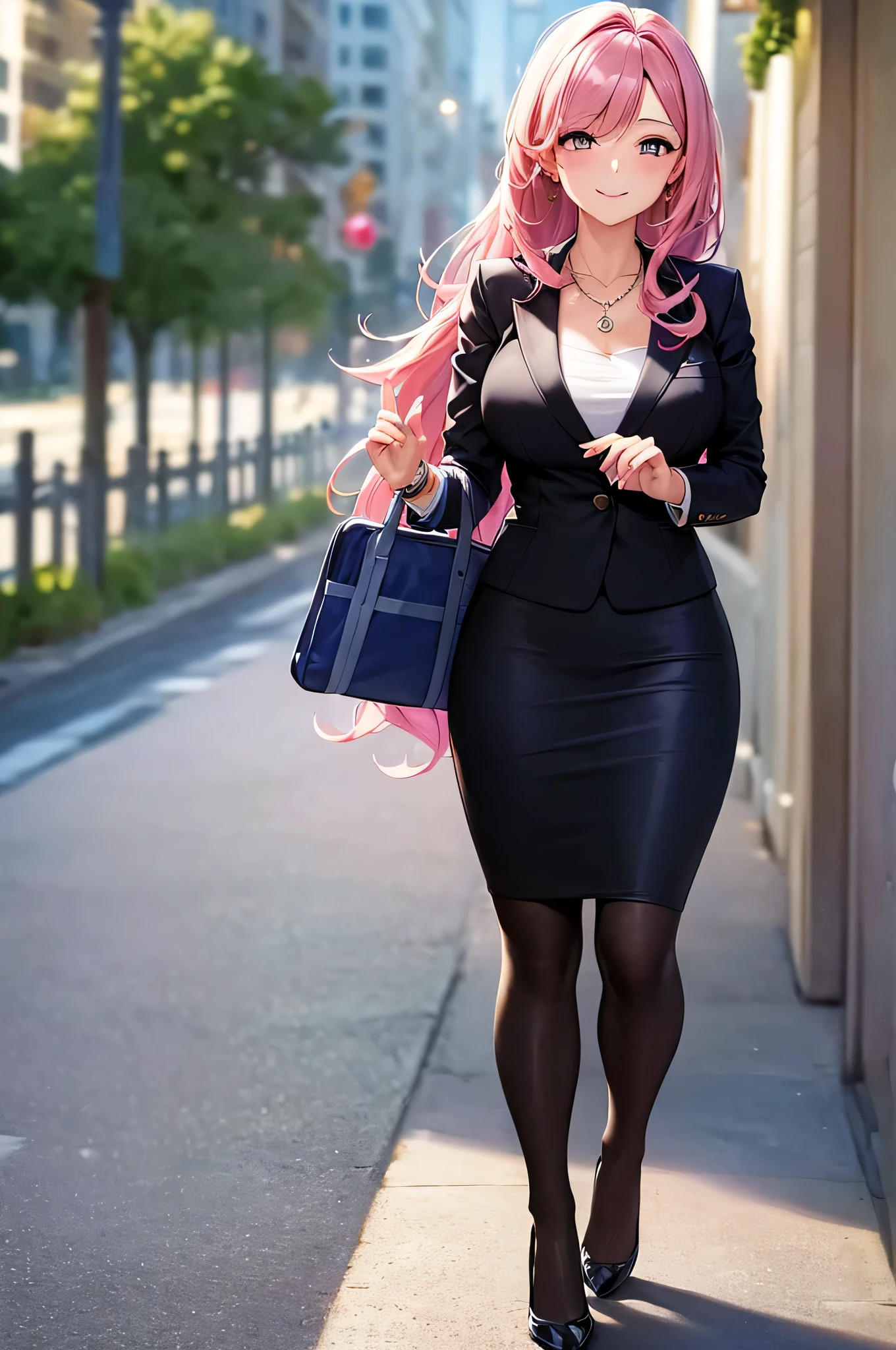((masterpiece, best quality, ultra-detailed)), 1girl, beautiful business woman walking in city back turned, smiling, blush, wearing pink blouse, blazer, bracelet, necklace, black midi pencil skirt, black suit skirt, heels, full body, wavy purple hair