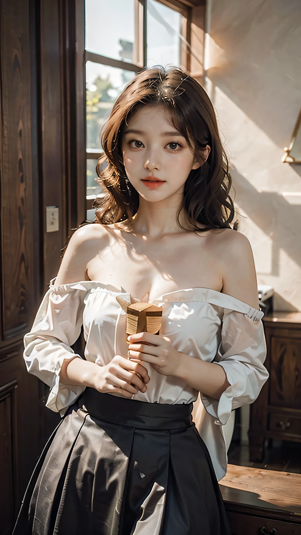 detailed background, masterpiece, best quality, 1 person , curly hair, long hair, purple eyes, star in eye , peach Strapless blouse, long  skirt, cute different poses, indoor wood furniture ,light wood color,, upper body 