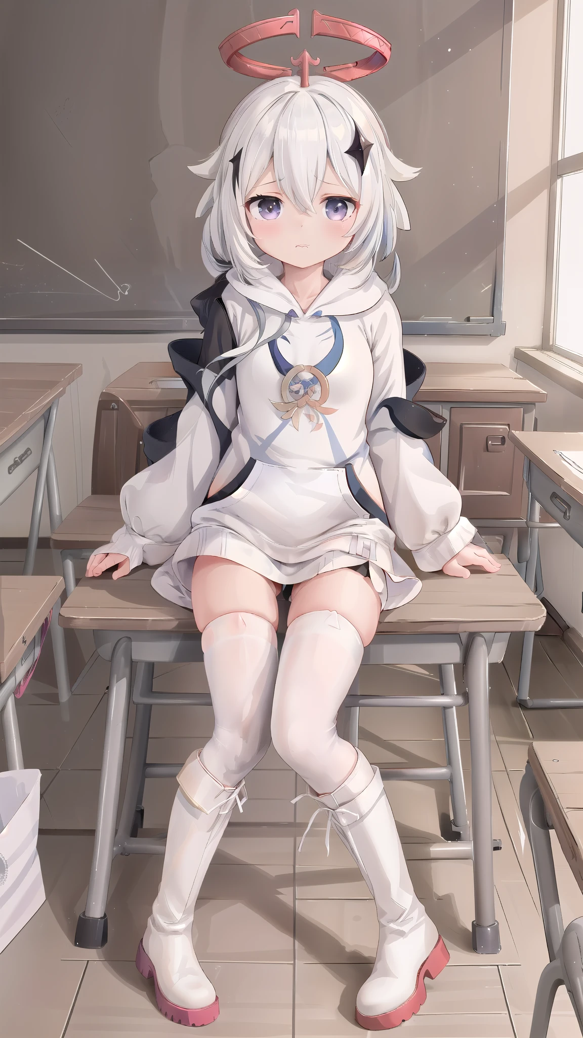 ((paimeng girl))(hoodie:1.3),classroom,, masterpiece, best quality,write leather boots,1girl, 独奏, thighhighs, Paimon (genshin impact), long sleeves, white dress, dress, Halation, thighhighs under boots, single thighhigh, bangs, boots, hair between eyes, white footwear, white thighhighs, white hair