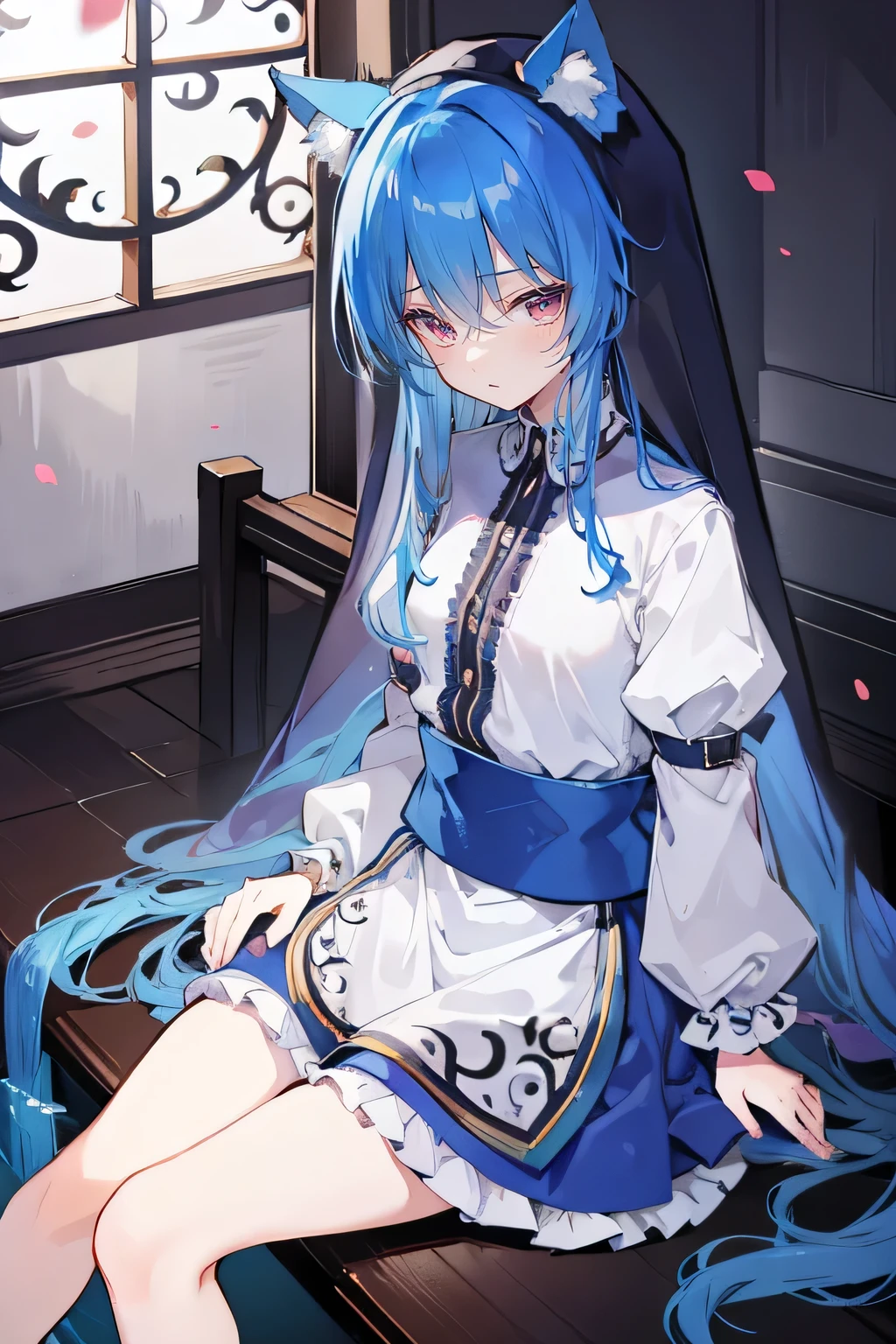 (masterpiece:1.2),Extremely detailed,Practical,expressive eyes,Fair skin,Perfect face shaping,1 Girl,
Japanese cartoons,Gorgeous blue hair, the long flowing blue hair,Floating clothes,Cat ears,Petals fall,beautiful lola,Young Angel,
Place your hands on your waist,sit elegantly on the ground,Cross your legs,Gentle and peaceful background,stately church,nun.