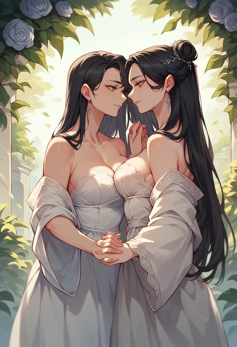 two women,holding hands,Beautiful black hair,18+A little