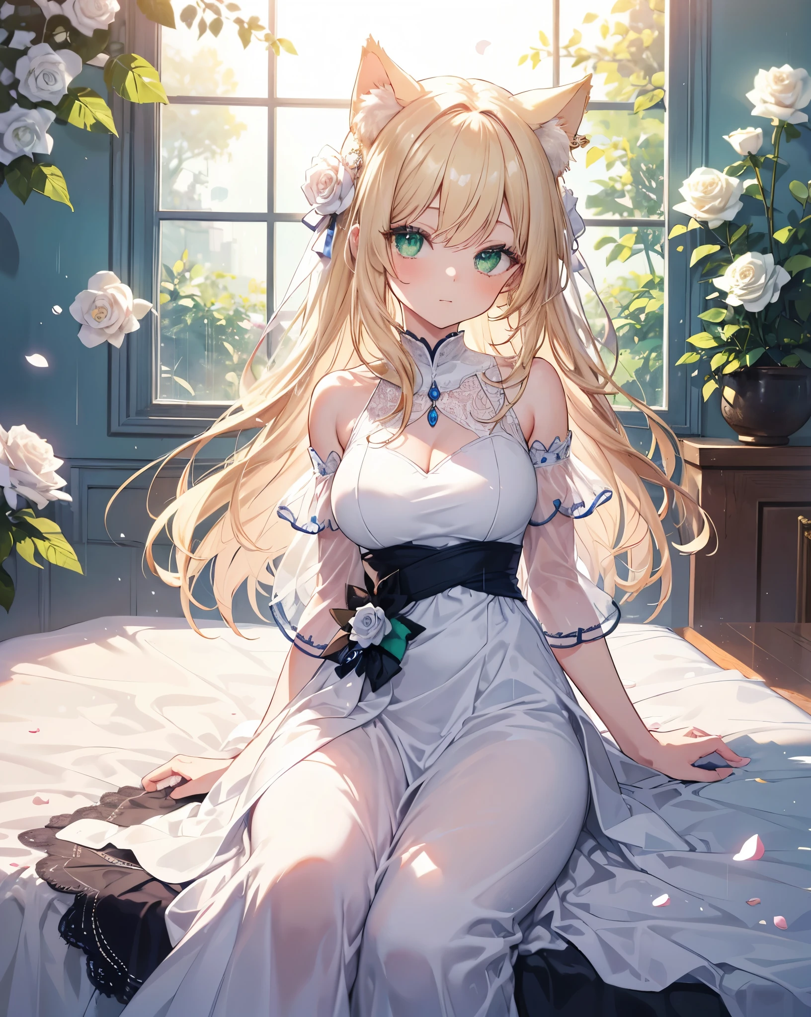 (Sketches),(eyelash:1.3),She is laying bottom down on a bed mades of white roses . It's raining white rose petals, watching me , High Resolution, Cute 1Girl, neko ears, cat tail, Beautiful and fine details, Long blonde hair, vibrant and vivid green eyes, Original Costume,Princess Dress with bare shoulders, white Lace, white embroidery, high contrast girl, crystals reflecting, imagenery, scenery. Cinematic lensflare.