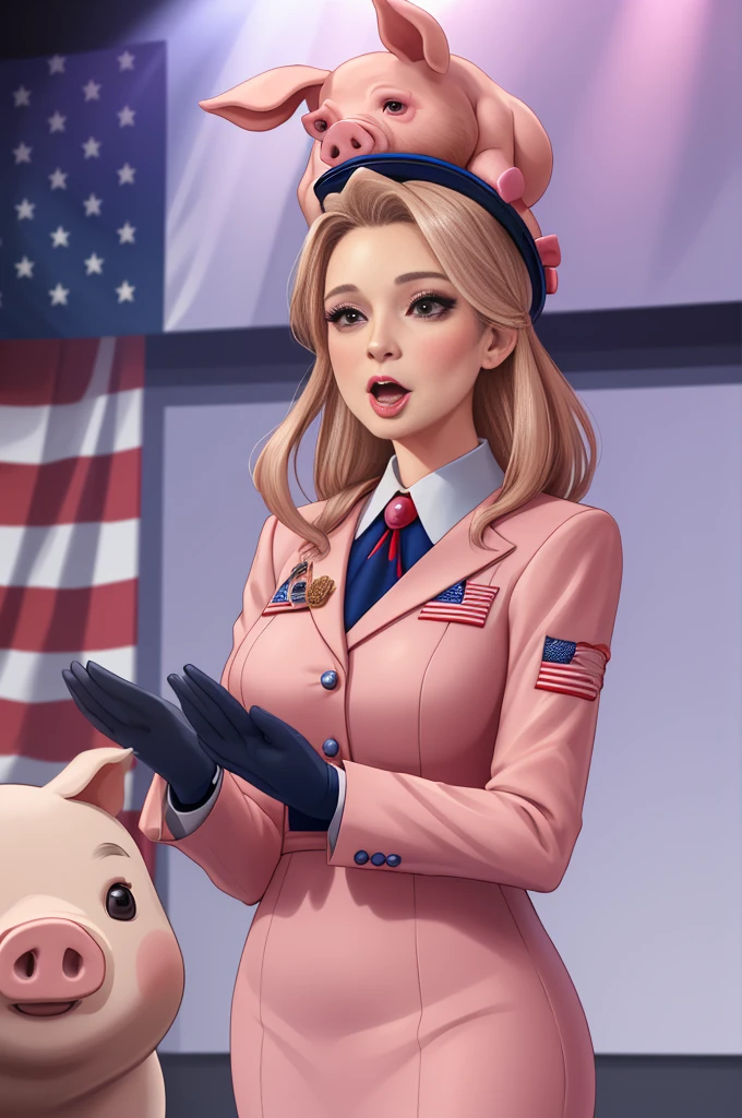 average looking anthropomorphic pig woman president of the united states giving a speech, pig snout, extremely detailed pig face, dress suit, podium, american flag, studio lighting, high quality, 8k, hyper detailed