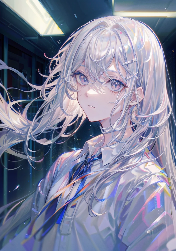 White-haired boy in a school corridor,The face is haggard and pale,The body was々decay into!Dissipate!!Anime Style,Suspenseful