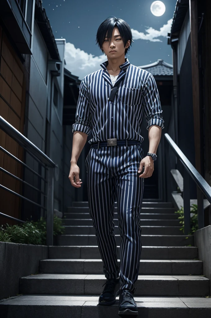 An anime-style full-body portrait of Inosuke Yoshina, the character from Demon Slayer who wears a black and white striped shirt with grey stripes, navy blue pants, gray shoes, and has a snake around his neck. He is walking on stairs outdoors at night under moonlight. The art style should emphasize detailed features like facial expressions, textures, and environment details, in the style of the anime.