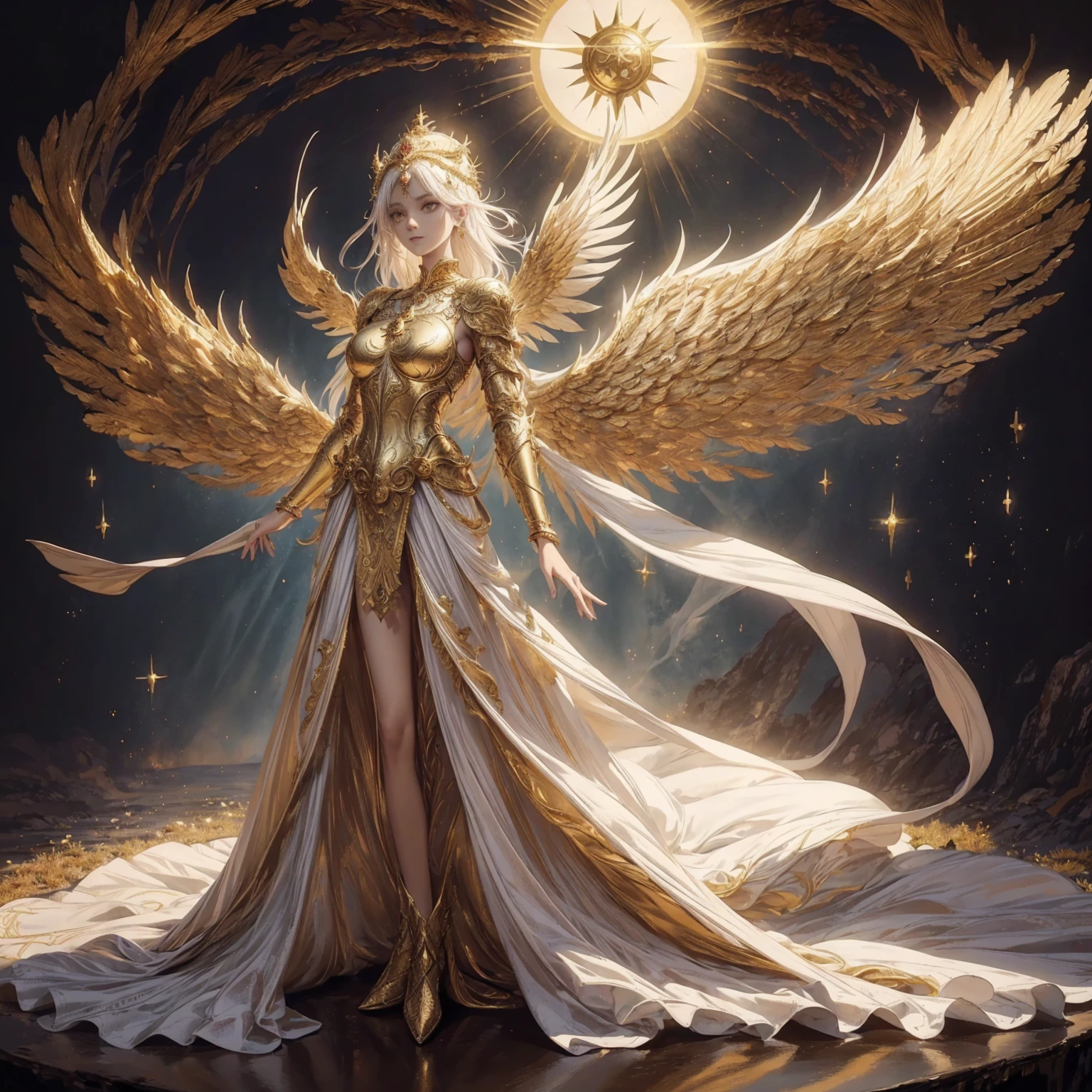Art of Woman Wearing Sun Crown, Wearing a gorgeous golden breastplate that exposes a small amount of skin above the chest, Wearing a gorgeous golden dress, A pair of giant angel wings taller than the body spread out behind the woman., ancient goddess art, Sacredness. Very detailed, Mysterious inspiration, Inspiration from the Sun God, Religious inspiration, A divine background, Cold and snobbish face, Dangerous expressions, White hair, Standing pose floating in the air, Full body portrait, Gothic art style, Weird art style, Occult art