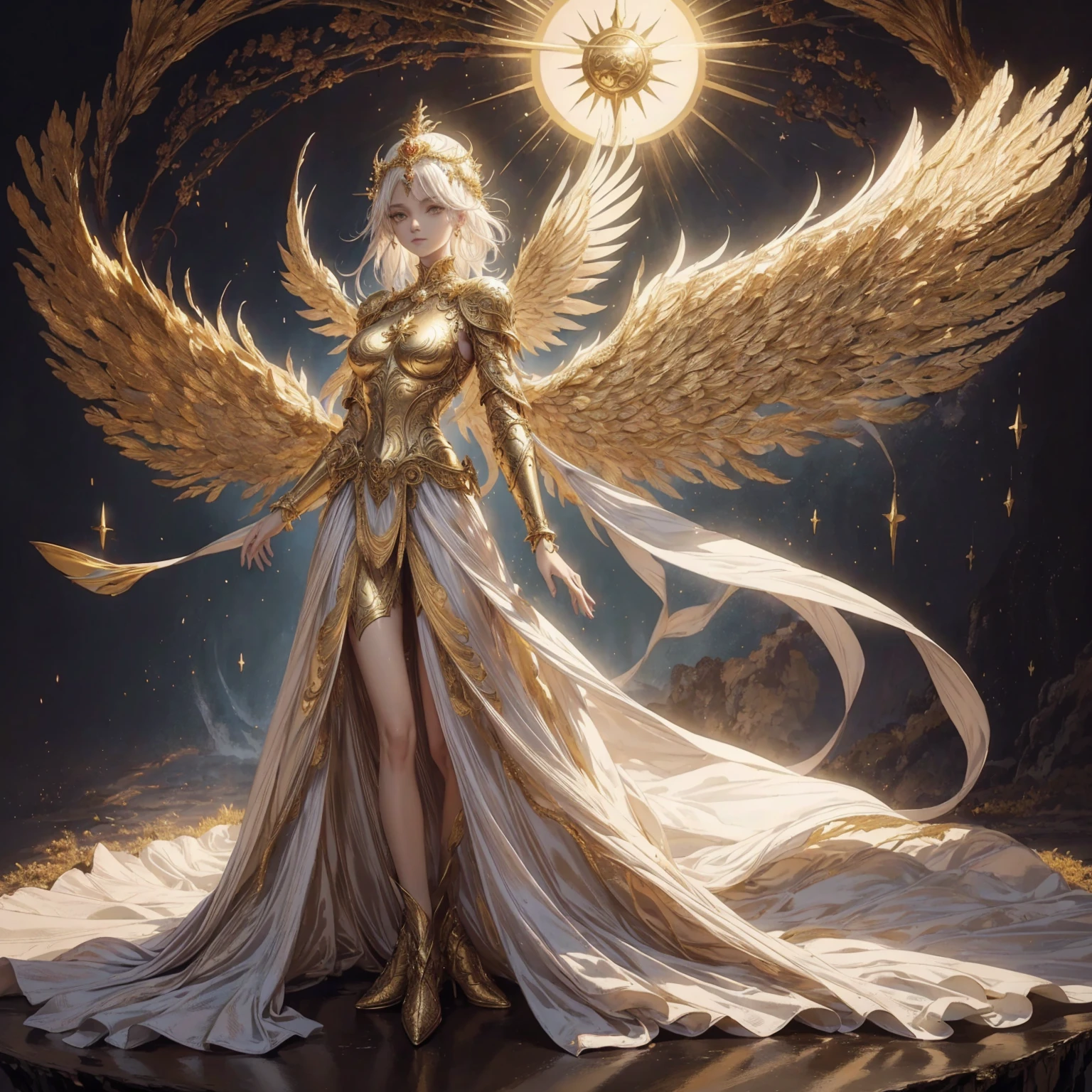 Art of Woman Wearing Sun Crown, Wearing a gorgeous golden breastplate that exposes a small amount of skin above the chest, Wearing a gorgeous golden dress, A pair of giant angel wings taller than the body spread out behind the woman., ancient goddess art, Sacredness. Very detailed, Mysterious inspiration, Inspiration from the Sun God, Religious inspiration, A divine background, Cold and snobbish face, Dangerous expressions, White hair, Standing pose floating in the air, Full body portrait, Gothic art style, Weird art style, Occult art