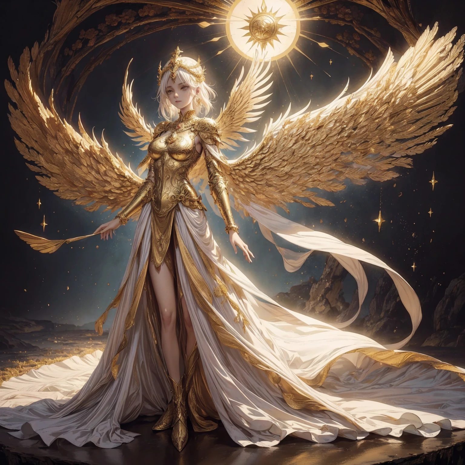 Art of Woman Wearing Sun Crown, Wearing a gorgeous golden breastplate that exposes a small amount of skin above the chest, Wearing a gorgeous golden dress, A pair of giant angel wings taller than the body spread out behind the woman., ancient goddess art, Sacredness. Very detailed, Mysterious inspiration, Inspiration from the Sun God, Religious inspiration, A divine background, Cold and snobbish face, Dangerous expressions, White hair, Standing pose floating in the air, Full body portrait, Gothic art style, Weird art style, Occult art