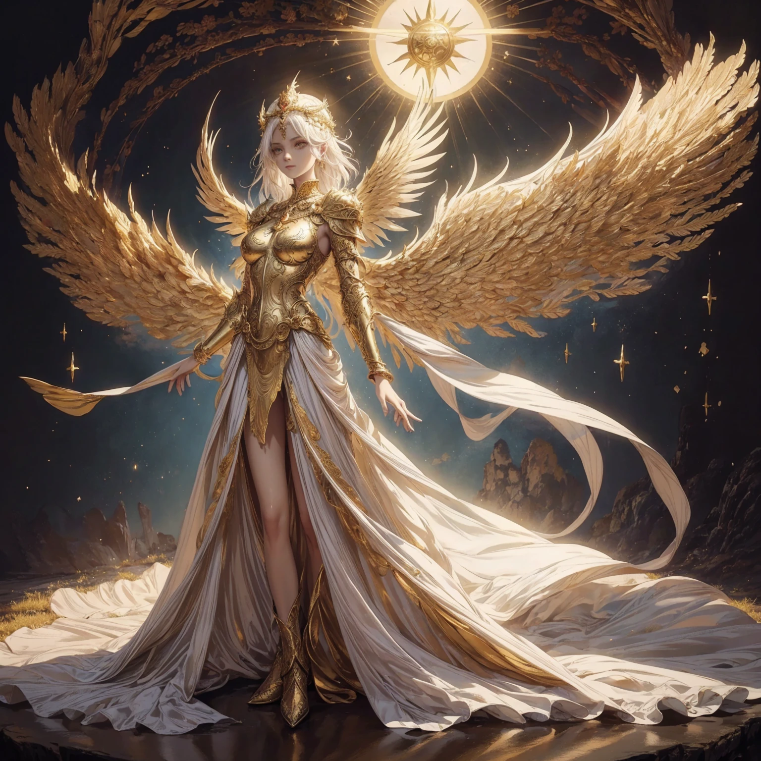 Art of Woman Wearing Sun Crown, Wearing a gorgeous golden breastplate that exposes a small amount of skin above the chest, Wearing a gorgeous golden dress, A pair of giant angel wings taller than the body spread out behind the woman., ancient goddess art, Sacredness. Very detailed, Mysterious inspiration, Inspiration from the Sun God, Religious inspiration, A divine background, Cold and snobbish face, Dangerous expressions, White hair, Standing pose floating in the air, Full body portrait, Gothic art style, Weird art style, Occult art