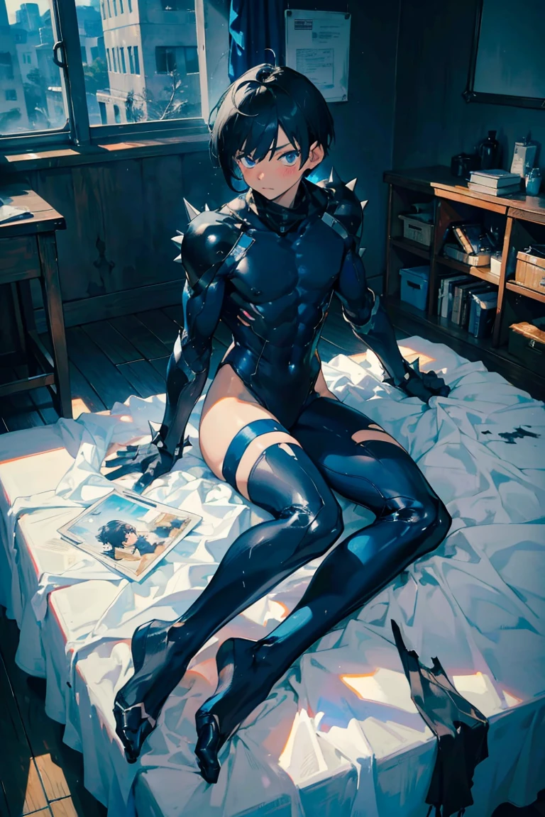 ((muste piece)), ((best quality)), ((dark blue eyes)), ((Dark black hair)),full-body picture,ninja hero boy Lying on the white tablecloth,Many paintbrushes apply paint to the body, lot of white paint on body,sexy shota,spanking,blush,black mask,black and blue white tight bodysuit,skin texture hero suit, long blue broken scarf,blue tabi socks, ((very very short hair,spiky hairstyle)),masculine,sexy pose,Sanpaku Eyes,muscle,in classroom