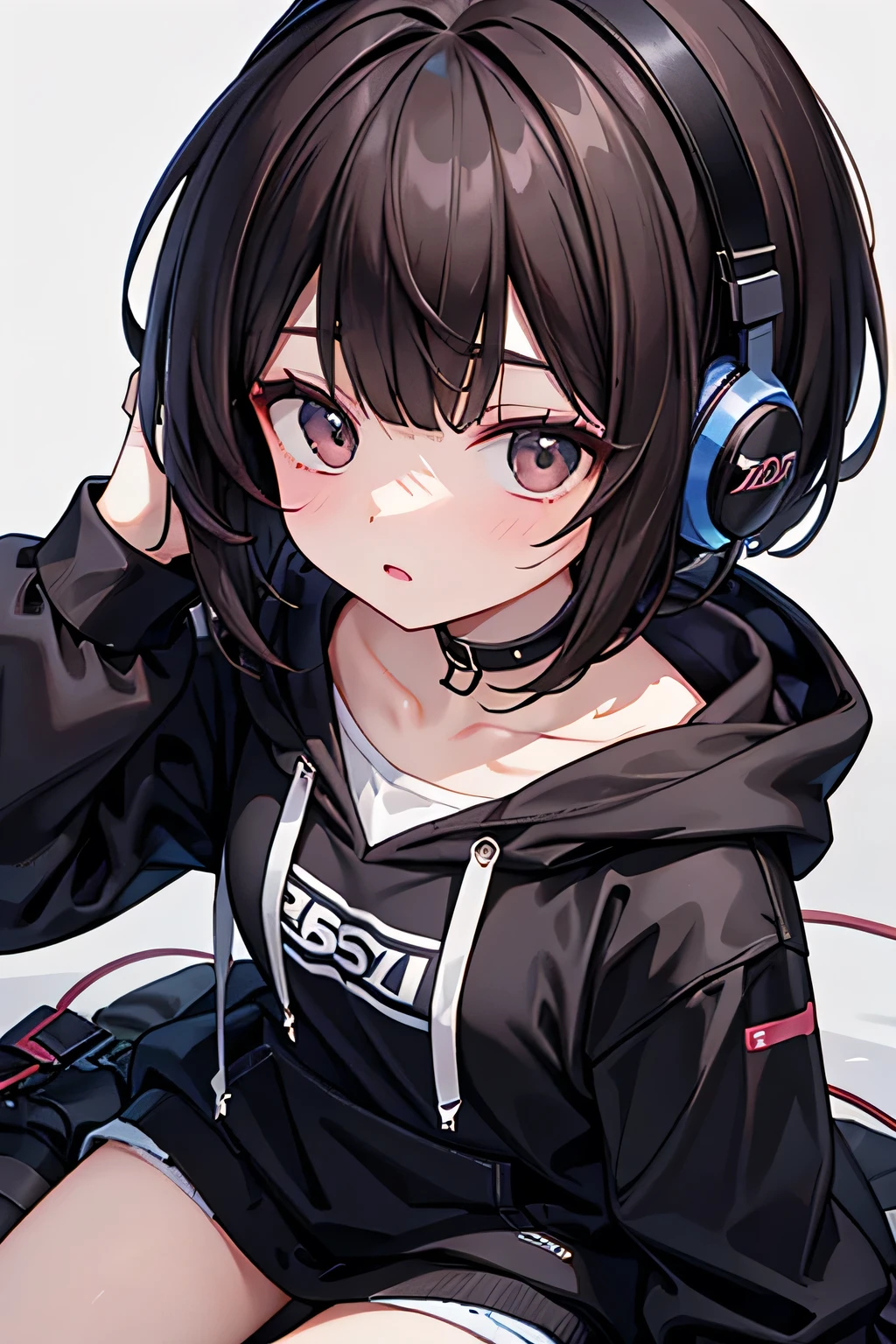 20-year-old women、Wear headphones、listen to music、Black hoodie、Brown Hair、Bobcut、No background、Background white