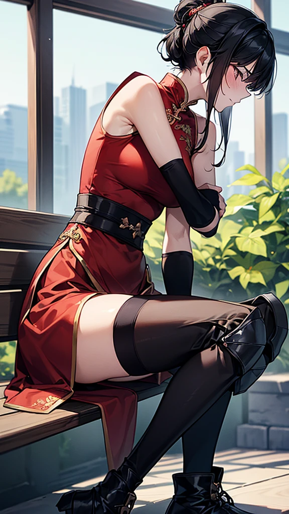 {{masterpiece}}, {{{Highest quality}}},{{Very detailed}},He is sitting on a bench in the waiting room with a serious expression on his face.,from side ,Sit on a bench with one leg raised ,Sit slouched,{{Blushing}},{{V-shaped eyebrows}},{{Female Fighter}},{{expensive}},{{Adult woman sweating with fatigue}},Sleeveless red Chinese dress Black Hair Black knee socks knee protector Black arm covers fingerless gloves short boots Place your hands on your knees Waist belt Red pelvic curtain