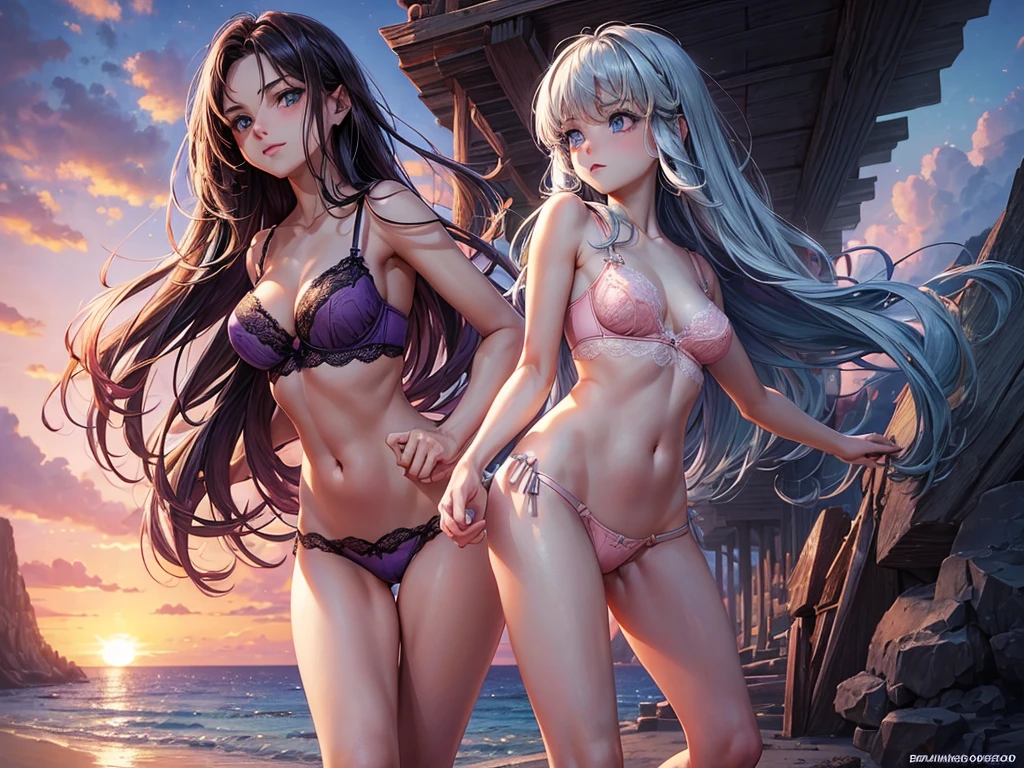((depic 30 years old girl)), (((top-quality, masterpiece))), 4k, HD, one girl, ((long dark hair pulled back)), nice hips, Masterpiece, Excellent, complex details, delicate girl, delicate face, sassy, confident, (((cute purple lace bra lingerie))), (((salmon pink colored pareo))), (no panty), big breasts, thin, very tight waist, ((light blue eyes)), ((almond shaped eyes)), sexy pose, clavicle, bare arms, flat belly, standing, sunset, beach, caribean pirate atmosphere