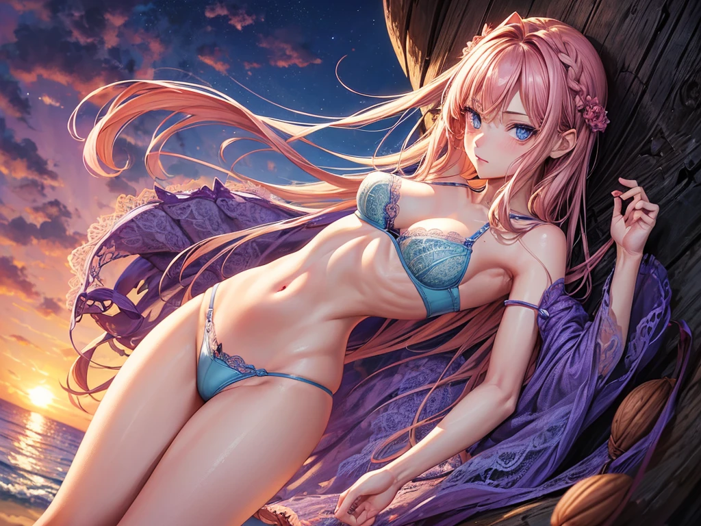 ((depic 30 years old girl)), (((top-quality, masterpiece))), 4k, HD, one girl, ((long dark hair pulled back)), nice hips, Masterpiece, Excellent, complex details, delicate girl, delicate face, sassy, confident, (((cute purple lace bra lingerie))), (((salmon pink colored pareo))), (no panty), big breasts, thin, very tight waist, ((light blue eyes)), ((almond shaped eyes)), sexy pose, clavicle, bare arms, flat belly, standing, sunset, beach, caribean pirate atmosphere