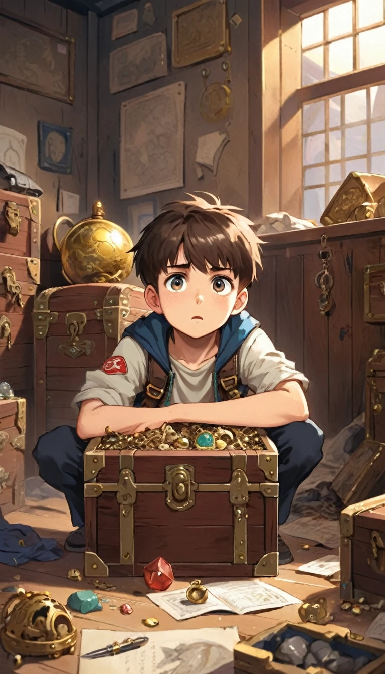 Boy Explorer,Adventurer、Treasure chest in background、Treasure in the background、Thinking pose、Troubled face、indoor、Anime Style