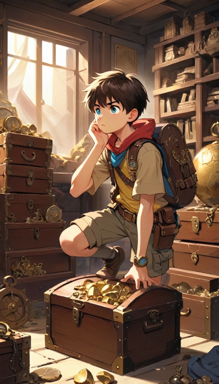 Boy Explorer,Adventurer、Treasure chest in background、Treasure in the background、Thinking pose、Troubled face、indoor、Anime Style